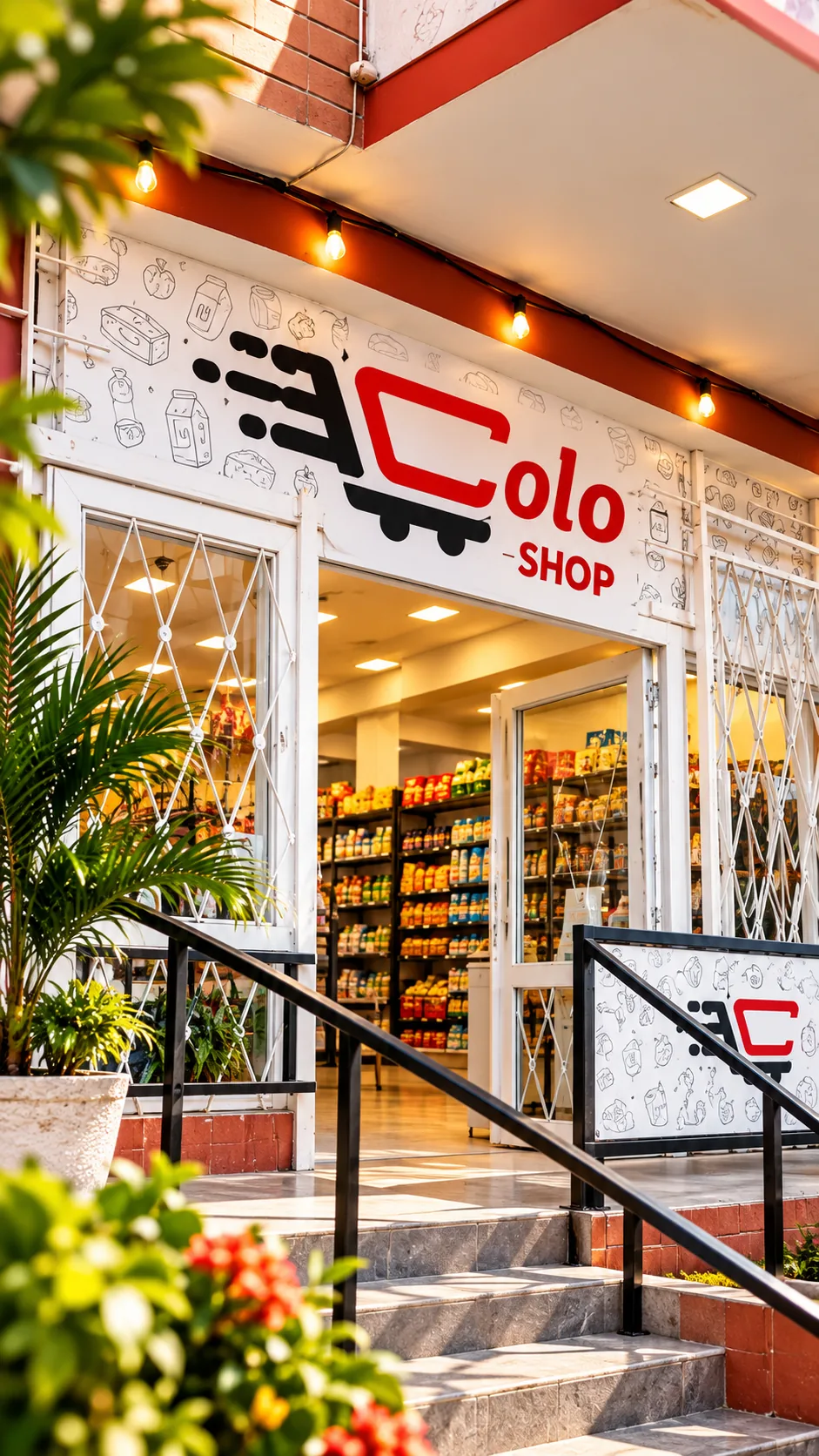 Fachada de Colo Shop con su cartel, escaleras y entrada iluminada